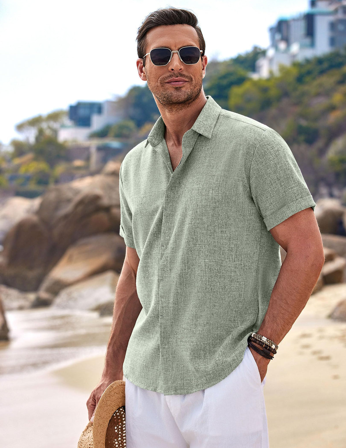COOFANDY Men's Casual Shirts Button Up Shirt Linen Summer Beach Outfit Yoga Tee Light Green Large